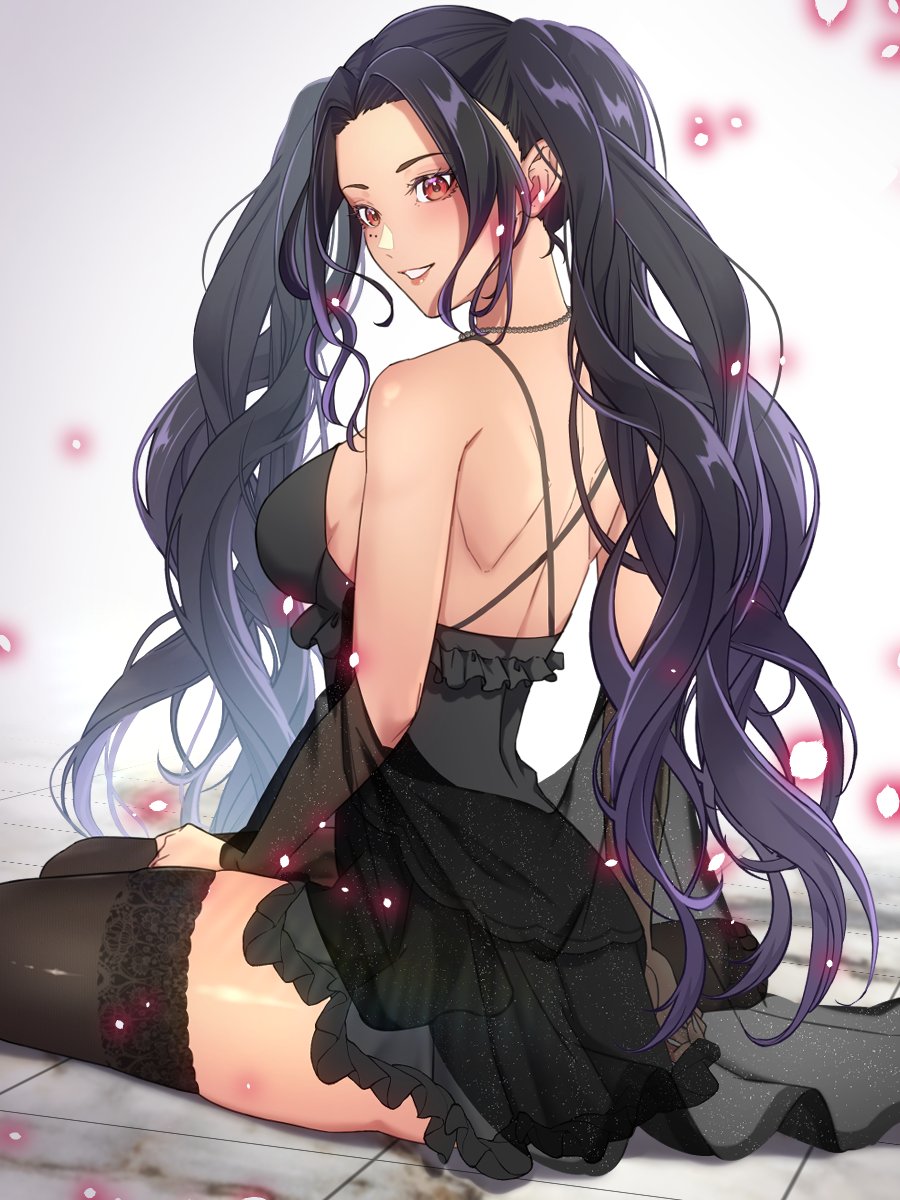 1girl, black_dress, black_hair, black_thighhighs, breasts, closed_mouth, commentary, dress
