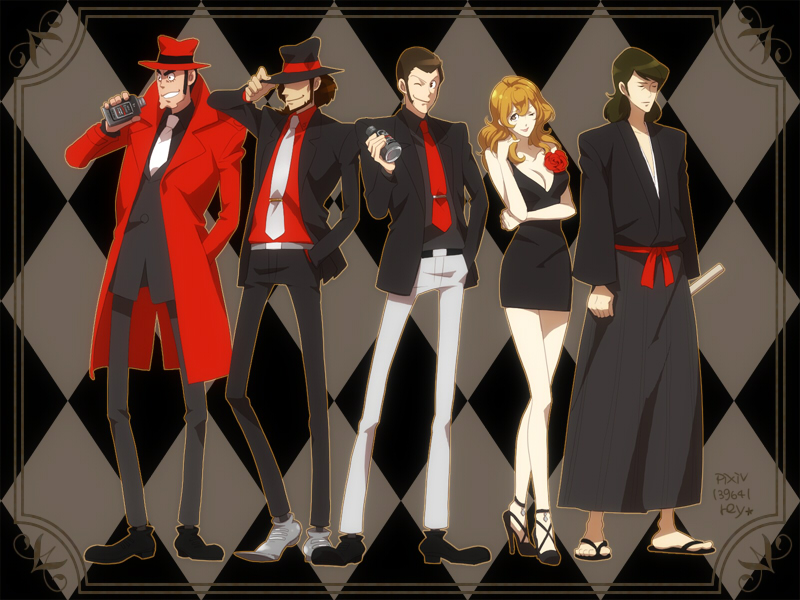 1girl, 4boys, alternate_color, arsene_lupin_iii, bad_id, bad_pixiv_id, black_hair, black_jacket, breasts, brown_hair, closed_eyes, coat, dress, fedora, flower, formal_clothes, full_body, grin, hat, ishikawa_goemon_xiii, jacket, japanese_clothes, jigen_daisuke, long_hair, looking_at_viewer, lupin_iii, mine_fujiko, multiple_boys, necktie, one_eye_closed, open_mouth, plant, red_necktie, shin'ya_(midnight_rain), short_hair, sideburns, simple_background, smile, suit, teeth, tms_entertainment, trench_coat, white_necktie, wink, zenigata_kouichi