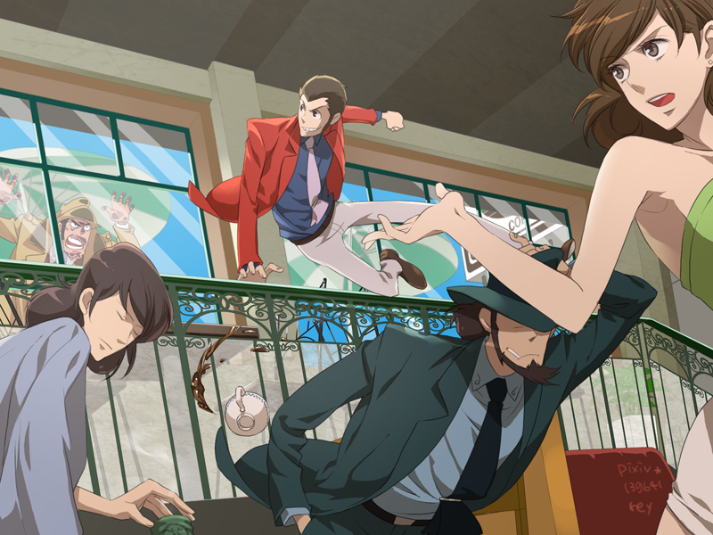 1girl, 4boys, against_glass, armpits, arsene_lupin_iii, bad_id, bad_pixiv_id, bare_shoulders