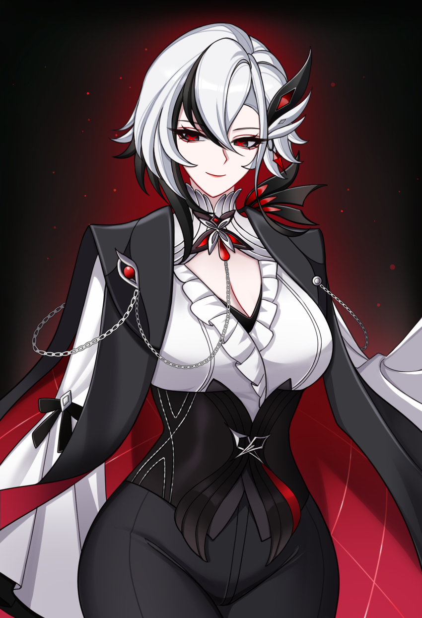 1girl, absurdres, arlecchino_(genshin_fes_2026)_(genshin_impact), arlecchino_(genshin_impact), black_cape, black_eyes, black_hair, black_pants, breasts, cape, charlie_purrito, cleavage, cleavage_cutout, closed_mouth, clothing_cutout, commentary, english_commentary, genshin_impact, hair_between_eyes, hair_ornament, highres, large_breasts, long_sleeves, looking_at_viewer, multicolored_hair, official_alternate_costume, pants, red_cape, red_pupils, shirt, simple_background, smile, solo, streaked_hair, symbol-shaped_pupils, two-sided_cape, two-sided_fabric, white_hair, white_shirt, x-shaped_pupils