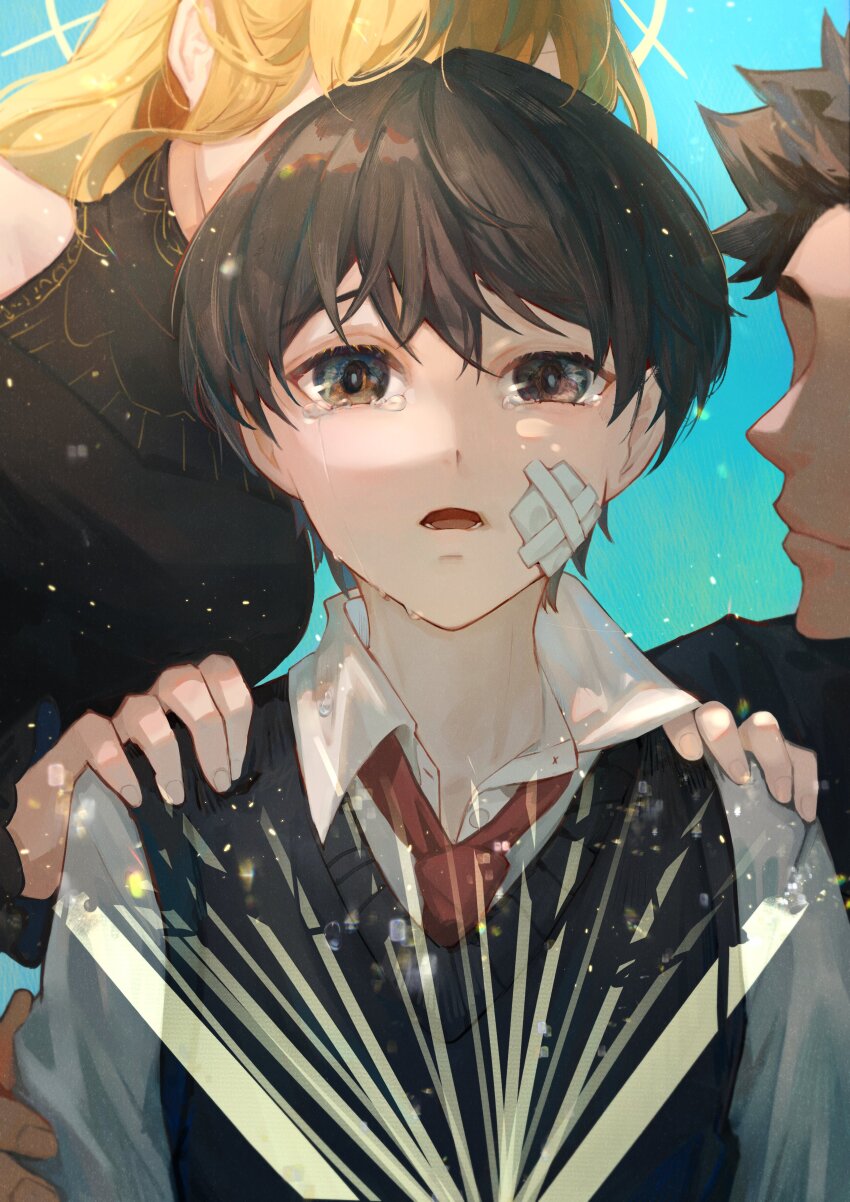 1boy, 2others, absurdres, bandage_on_face, bandages, black_dress, black_vest, book