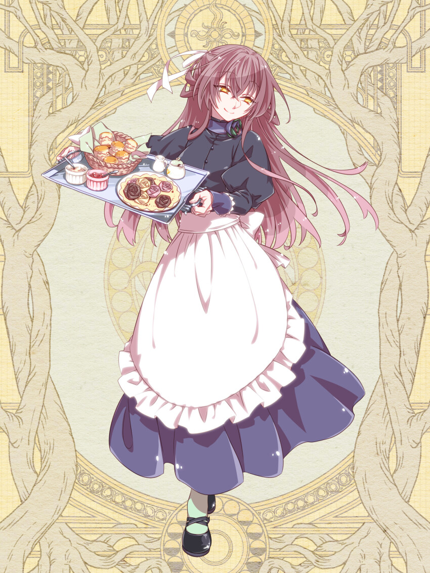 1girl, anna_sehnsucht, apron, black_dress, black_shoes, brown_hair, dairoku_ryouhei, dessert, dress, food, highres, holding, holding_tray, long_hair, long_sleeves, momenko_(tw), puffy_long_sleeves, puffy_sleeves, ribbon, shoes, spoon, standing, tray, white_ribbon, yellow_background, yellow_eyes