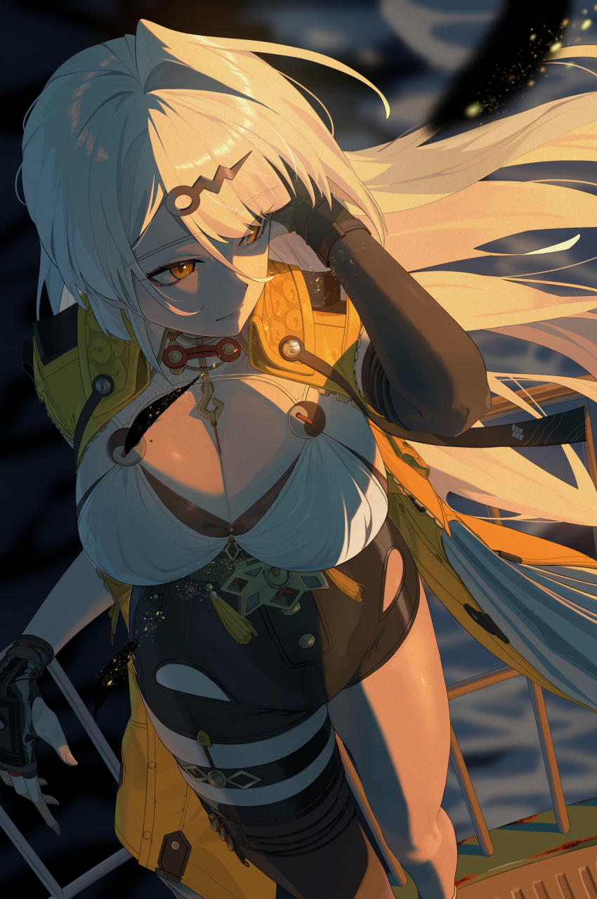 1girl, absurdres, ahoge, black_bra, black_gloves, black_shorts, black_thighhighs, bra, breasts, cleavage, closed_mouth, commentary_request, elbow_gloves, fingerless_gloves, gloves, high-waist_shorts, highres, large_breasts, looking_at_viewer, mole, mole_on_breast, shinarika396, shirt, shorts, smile, solo, thigh_strap, thighhighs, underwear, white_hair, white_shirt, yellow_eyes, yixuan_(zenless_zone_zero), zenless_zone_zero