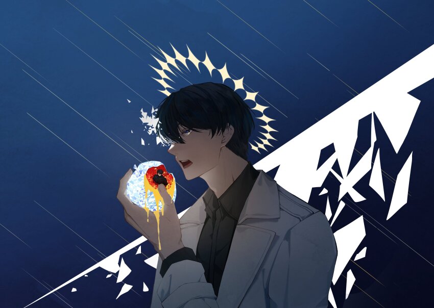 2boys, absurdres, apple, bite_mark, black_eyes, black_hair, black_shirt, broken_glass, coat, collared_shirt, commentary, disintegration, dripping, english_commentary, food, fruit, glass, halo, highres, holding, holding_food, holding_fruit, kim_dokja, looking_at_viewer, male_focus, mini_person, miniboy, multiple_boys, omniscient_reader's_viewpoint, open_clothes, open_coat, open_mouth, rain, sanjinmogufufu, shirt, short_hair, spiked_halo, white_coat, yoo_joonghyuk