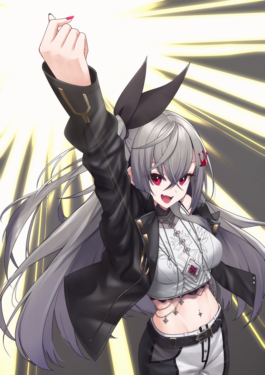 1girl, absurdres, arm_up, belt, black_belt, black_jacket, commentary_request, crop_top