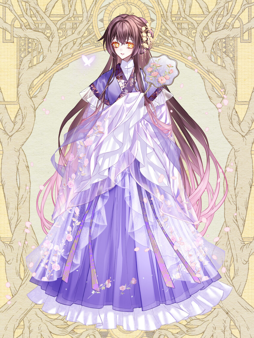 1girl, anna_sehnsucht, brown_hair, bug, butterfly, dairoku_ryouhei, floral_print, full_body