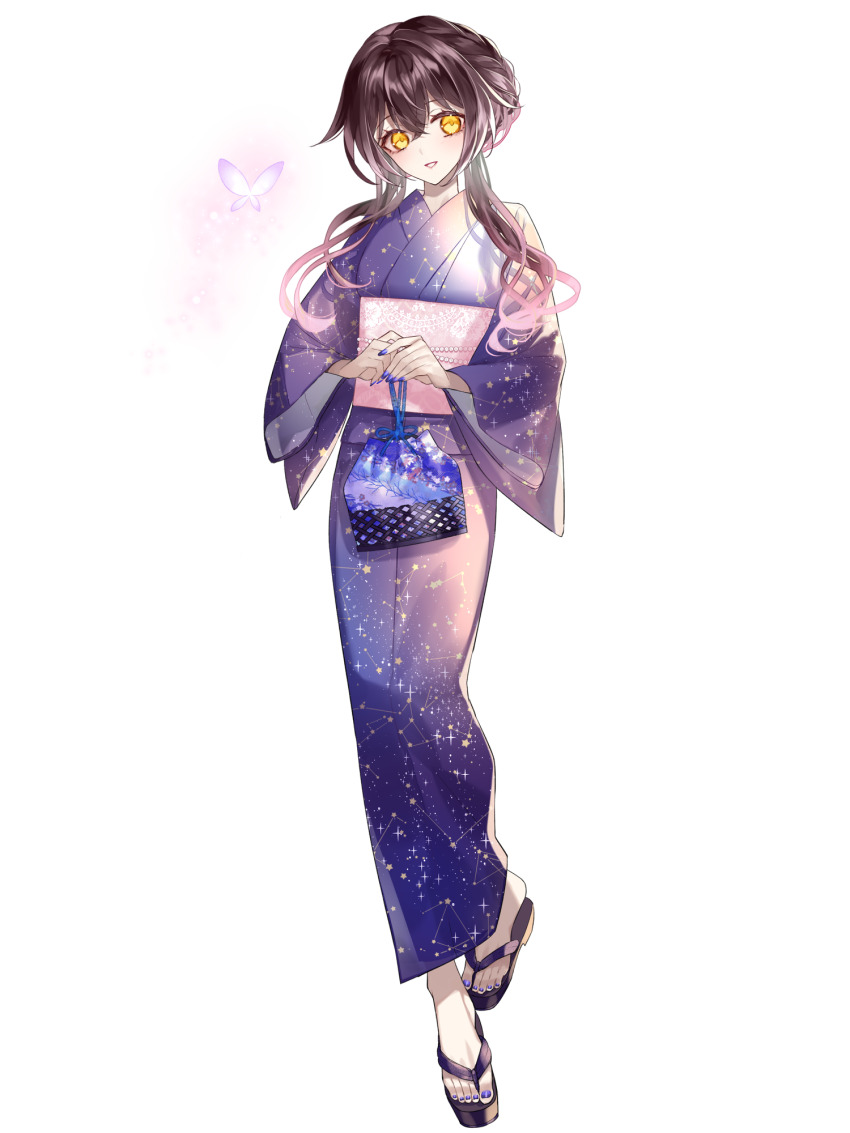1girl, anna_sehnsucht, blue_nails, brown_hair, bug, butterfly, constellation_print, dairoku_ryouhei, gradient_hair, highres, insect, japanese_clothes, kimono, kinchaku, long_hair, multicolored_hair, obi, pouch, purple_kimono, sandals, sash, solo, toenails, transparent_background, wide_sleeves, yellow_eyes, yusa_tk74