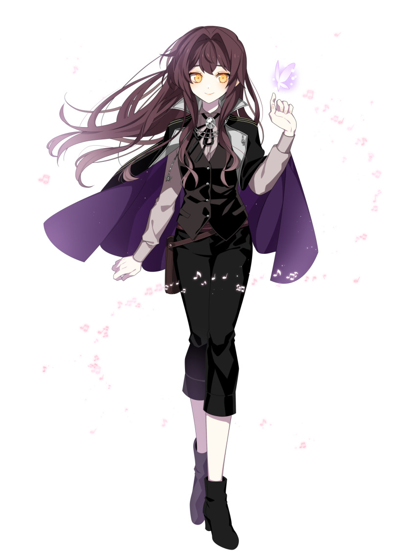 1girl, anna_sehnsucht, beamed_eighth_notes, black_pants, black_shoes, black_vest, bolo_tie, brown_hair