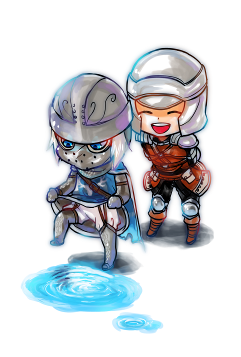 2boys, armor, black_pants, black_shirt, blue_eyes, blue_tunic, brown_vest, chainmail, chibi, chibi_only, closed_eyes, commentary_request, creighton_of_mirrah, dark_souls_(series), dark_souls_ii, full_body, male_focus, mask, masked, mild_mannered_pate, multiple_boys, open_mouth, pants, pauldrons, puddle, shirt, shoulder_armor, simple_background, smile, standing, suou_yuuchi, tunic, tunic_lift, vest, white_background, white_pants