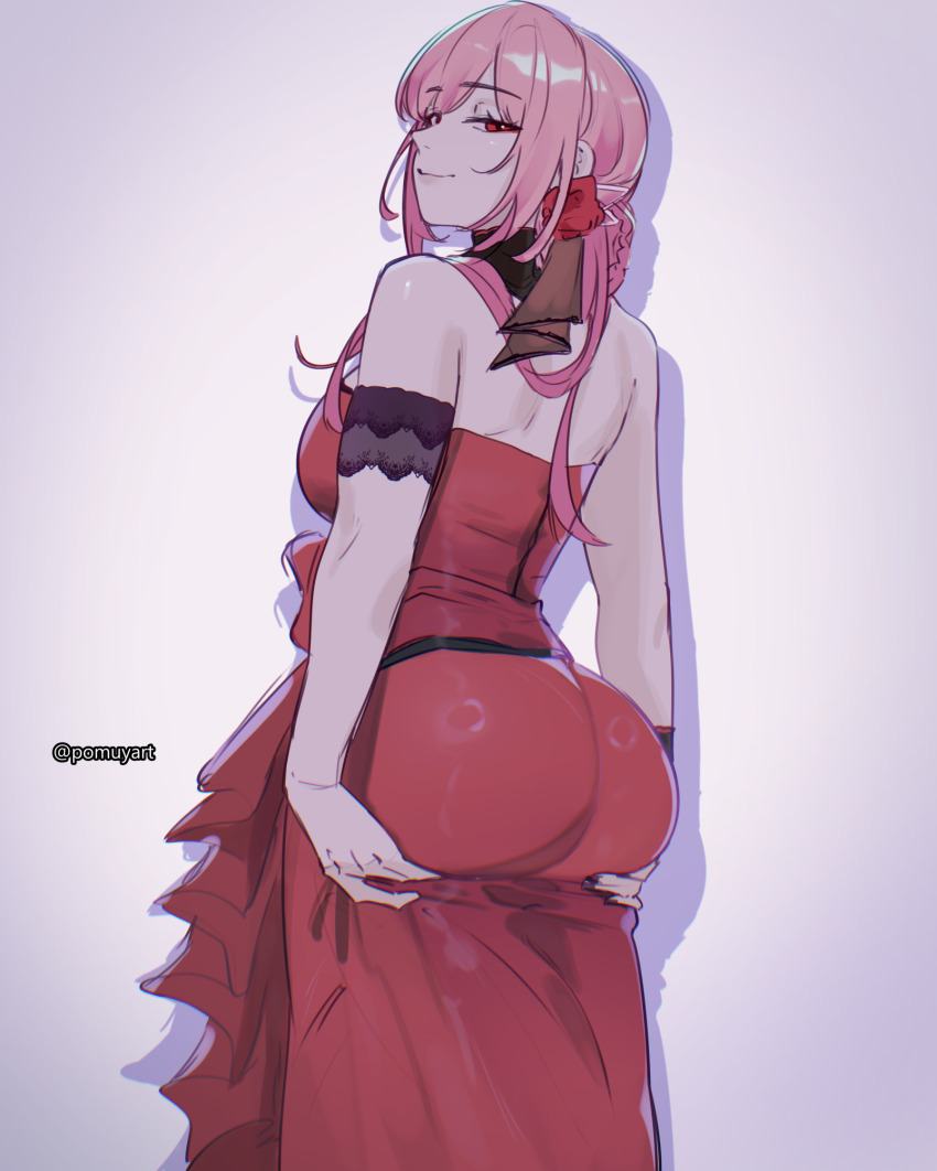 1girl, armband, ass, ass_lift, black_armband, black_ribbon, breasts, closed_mouth, cocktail_dress, commentary, dress, english_commentary, flower, grabbing_own_ass, hair_flower, hair_ornament, hair_ribbon, highres, hololive, hololive_english, lace, large_breasts, long_dress, long_hair, looking_at_viewer, looking_back, mori_calliope, mori_calliope_(party_dress), official_alternate_costume, official_alternate_hairstyle, pink_hair, pomuya, red_dress, red_eyes, ribbon, rose, simple_background, smile, solo, strapless, strapless_dress, virtual_youtuber, white_background, wristband