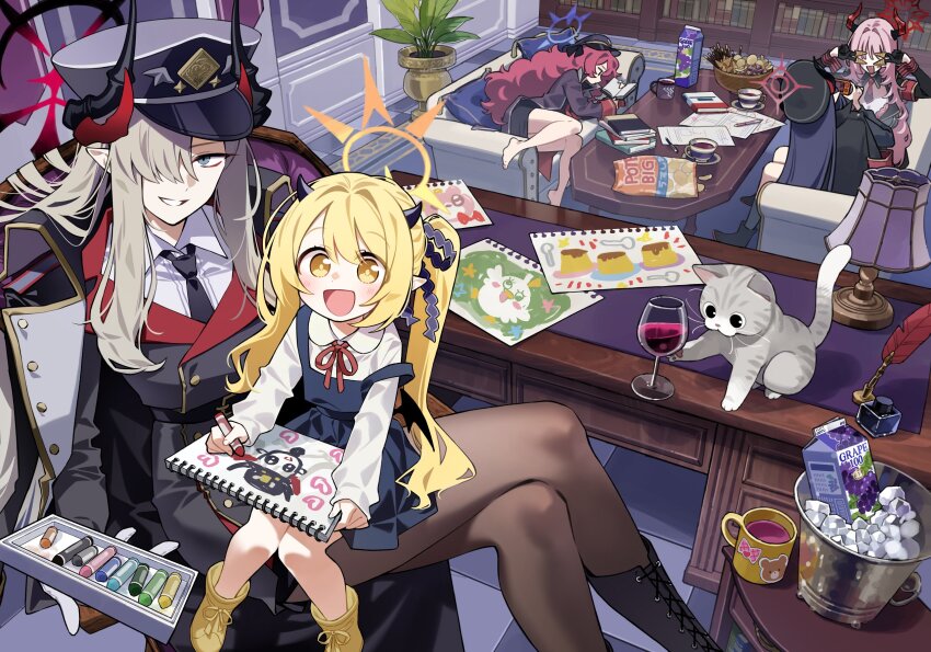 5girls, bag_of_chips, blue_archive, carton, cat, chiaki_(blue_archive), chips_(food), commentary_request