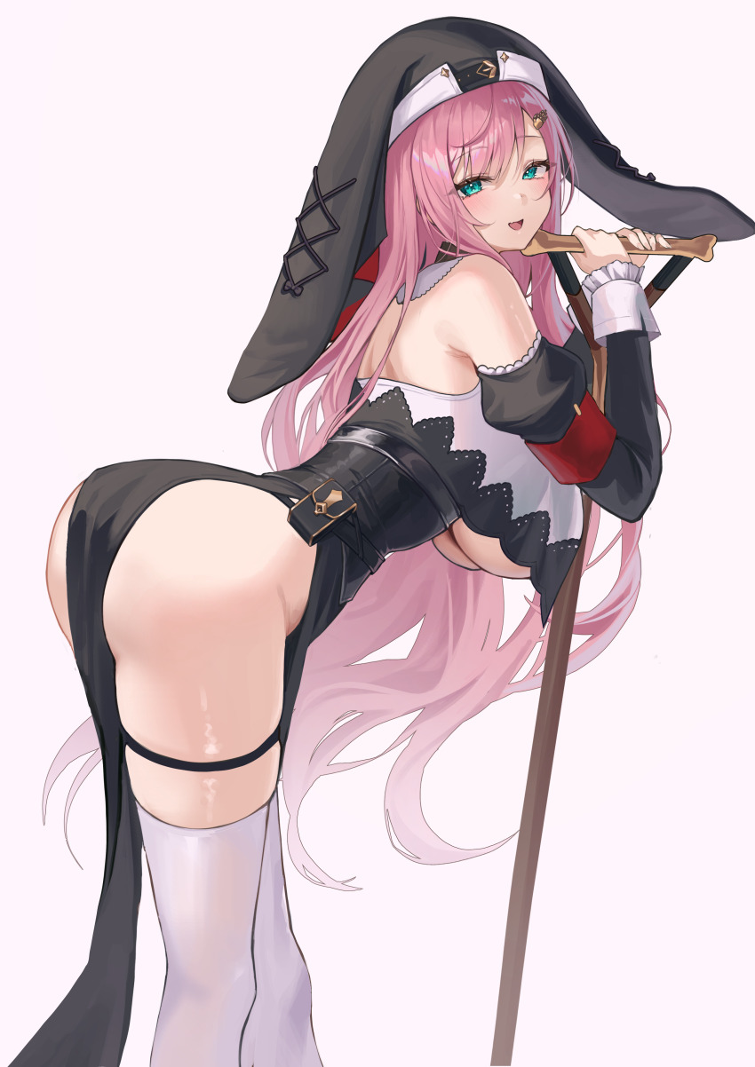 1girl, absurdres, aqua_eyes, armband, ass, back, bare_shoulders, belt