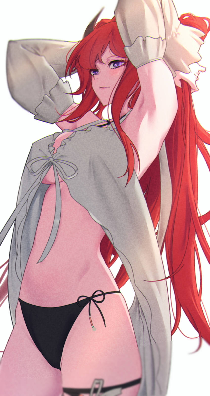 1girl, arknights, armpits, black_panties, breasts, commentary_request, cowboy_shot, detached_sleeves