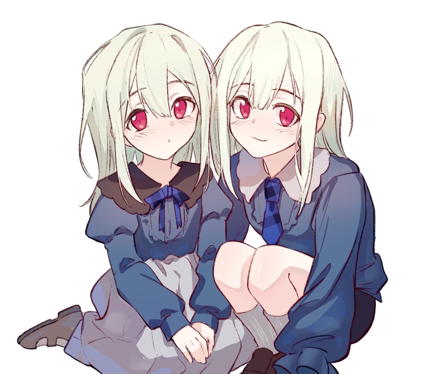 2girls, :3, bang_dream!, bang_dream!_it's_mygo!!!!!, blue_necktie, blue_shirt, blush, chinese_commentary, commentary_request, green_hair, grey_skirt, hair_between_eyes, hero45439083942, highres, long_hair, long_sleeves, looking_at_viewer, multiple_girls, necktie, original, red_eyes, shirt, siblings, simple_background, sisters, skirt, socks, squatting, twins, wakaba_ameha, wakaba_wakaho, white_background, white_socks