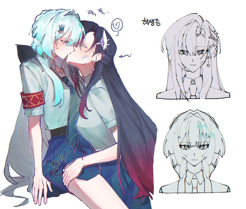 2girls, armband, blue_hair, blue_necktie, blue_skirt, blush, cerydra_(honkai:_star_rail), closed_mouth