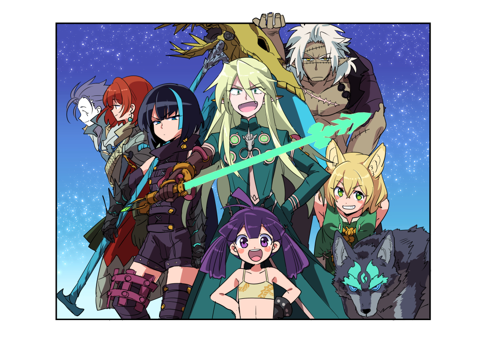 animal_ear_fluff, animal_ears, black_hair, blonde_hair, boots, cestus_(sekaiju), cestus_2_(sekaiju), dragoon_(sekaiju)