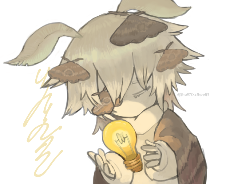 1other, antennae, arthropod_girl, bug, closed_eyes, collective_unconscious, colored_skin, commentary, deformed, floating, floating_object, hands_up, insect, insect_girl, insect_wings, light_bulb, long_sleeves, medium_hair, minnatsuki, moth, moth_antennae, moth_girl, moth_on_face, moth_on_head, moth_wings, no_mouth, puffy_long_sleeves, puffy_sleeves, regurusu_(nagarevosi), simple_background, solo, sweater, twitter_username, upper_body, white_background, white_hair, white_skin, white_sweater, wings, wolf_cut