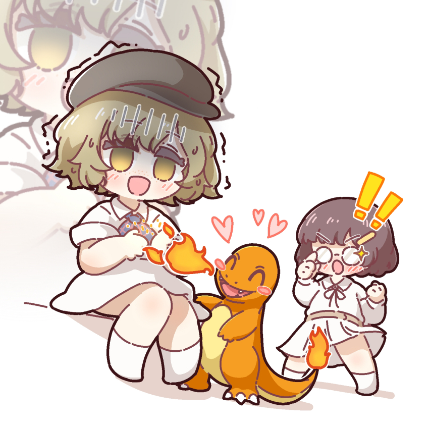 !, !!, 2girls, :d, :o, adjusting_eyewear, aged_down, black_hat