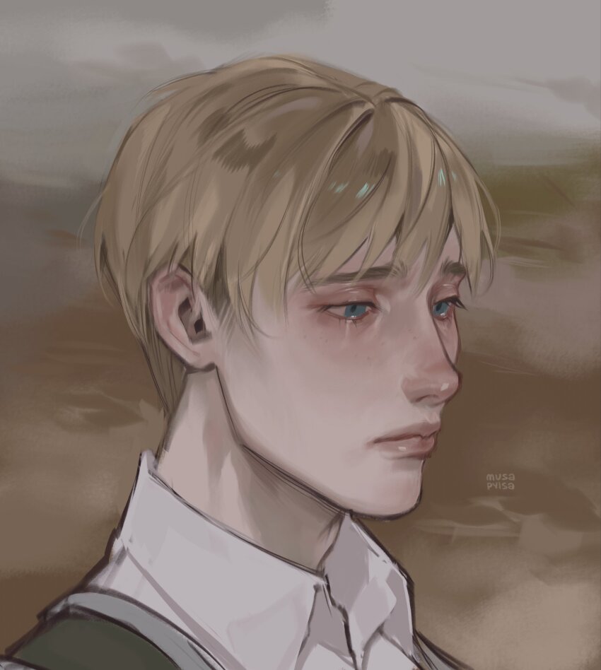 1boy, armin_arlert, blonde_hair, blue_eyes, closed_mouth, collared_shirt, commentary, eyelashes