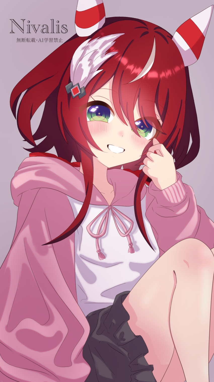 1girl, absurdres, animal_ears, blush, breasts, commentary_request, ear_covers, ear_ornament, feather_hair_ornament, feathers, galanthus, green_eyes, hair_between_eyes, hair_ornament, highres, hood, hood_down, hoodie, horse_ears, horse_girl, long_hair, looking_at_viewer, low_twintails, open_mouth, pink_hood, pink_sleeves, pleated_skirt, red_hair, simple_background, skirt, small_breasts, smile, solo, twintails, umamusume, white_hoodie, win_variation_(umamusume)