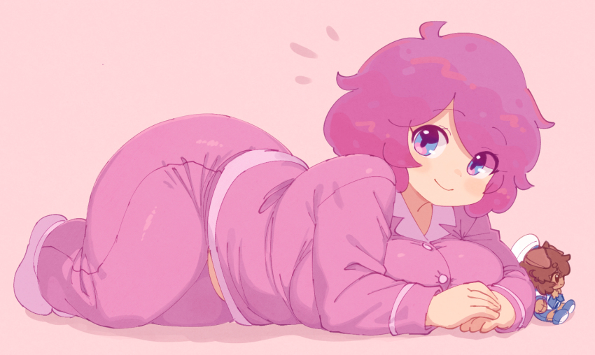 1girl, 1other, ahoge, all_fours, animal_ears, blue_eyes, blue_shoes, blue_shorts