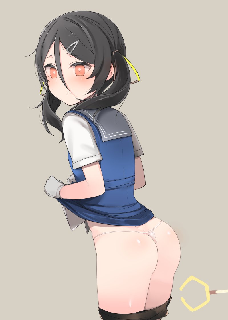 1girl, ass, bike_shorts, black_hair, blush, clothes_pull, commentary_request, gloves, grey_background, grey_gloves, grey_sailor_collar, hair_between_eyes, hair_ornament, hair_ribbon, hairclip, inagi_(kancolle), kantai_collection, loli, looking_at_viewer, looking_back, orange_eyes, panties, ribbon, sailor_collar, shin_(new), short_sleeves, shorts, shorts_pull, simple_background, solo, twintails, underwear, white_panties, yellow_ribbon