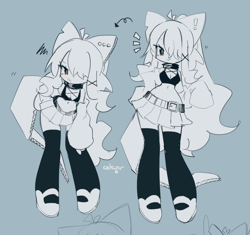 !, ..., 1girl, animal_ears, antenna_hair, arrow_(symbol), belt, black_bra, black_collar, black_thighhighs, blue_background, bra, breasts, cardboard, cardie_(ceroro), ceroro, cleavage, closed_mouth, collar, commentary, cross-laced_bra, english_commentary, fake_animal_ears, fake_tail, fang, hair_over_one_eye, highres, leaning_forward, long_bangs, long_hair, long_sleeves, midriff, monochrome, motion_lines, multiple_views, navel, open_mouth, original, pleated_skirt, ponytail, shoes, signature, simple_background, skirt, sleeves_past_fingers, sleeves_past_wrists, smirk, squiggle, tail, thighhighs, underwear, v-shaped_eyebrows, very_long_hair, white_shoes, white_skirt, white_sleeves, zettai_ryouiki