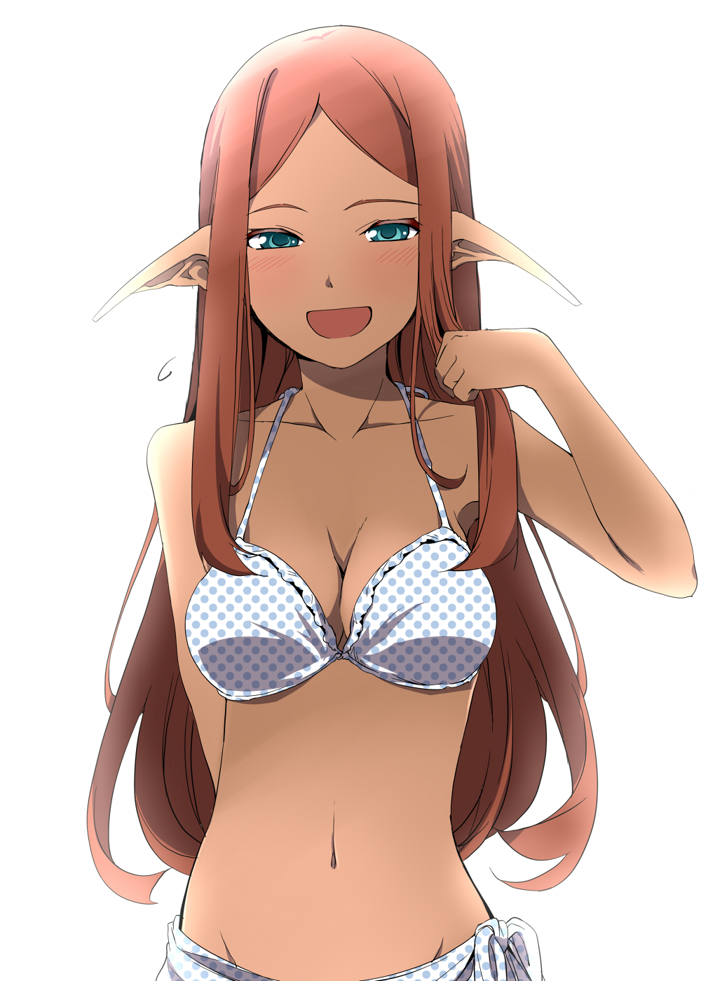1girl, bad_id, bad_pixiv_id, bikini, borrowed_character, breasts, cleavage, elf