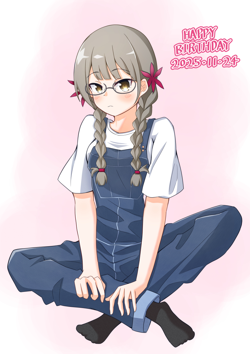 1girl, absurdres, birthday, black-framed_eyewear, black_socks, blue_overalls, blush, braid, breasts, brown_eyes, brown_hair, closed_mouth, commentary_request, crossed_ankles, crossed_legs, dated, denim, flower, frown, full_body, glasses, gradient_background, grey_hair, hair_flower, hair_ornament, hair_over_shoulder, hanamoto_yoshika, hand_on_own_leg, happy_birthday, highres, indian_style, long_hair, looking_at_viewer, medium_breasts, mygod877sasa, no_shoes, nogi_wakaba_wa_yuusha_de_aru, overalls, pink_background, red_flower, semi-rimless_eyewear, shirt, short_sleeves, simple_background, sitting, socks, solo, t-shirt, twin_braids, twintails, under-rim_eyewear, white_background, white_shirt, yellow_eyes, yuusha_de_aru