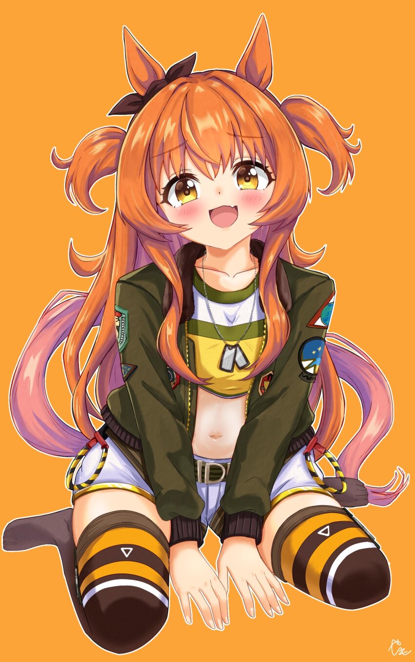 1girl, :d, animal_ears, arms_between_legs, belt, black_bow, black_thighhighs, bow, collarbone, commentary_request, cropped_shirt, dog_tags, ear_bow, full_body, green_belt, green_jacket, highres, horse_ears, horse_girl, horse_tail, jacket, long_hair, long_sleeves, looking_at_viewer, mayano_top_gun_(scramble_zone)_(umamusume), mayano_top_gun_(umamusume), navel, open_mouth, orange_background, orange_eyes, orange_hair, patch, shirt, shorts, sitting, smile, solo, stomach, tail, thighhighs, two_side_up, umamusume, very_long_hair, wariza, white_shorts, yashimo_1875, yellow_shirt