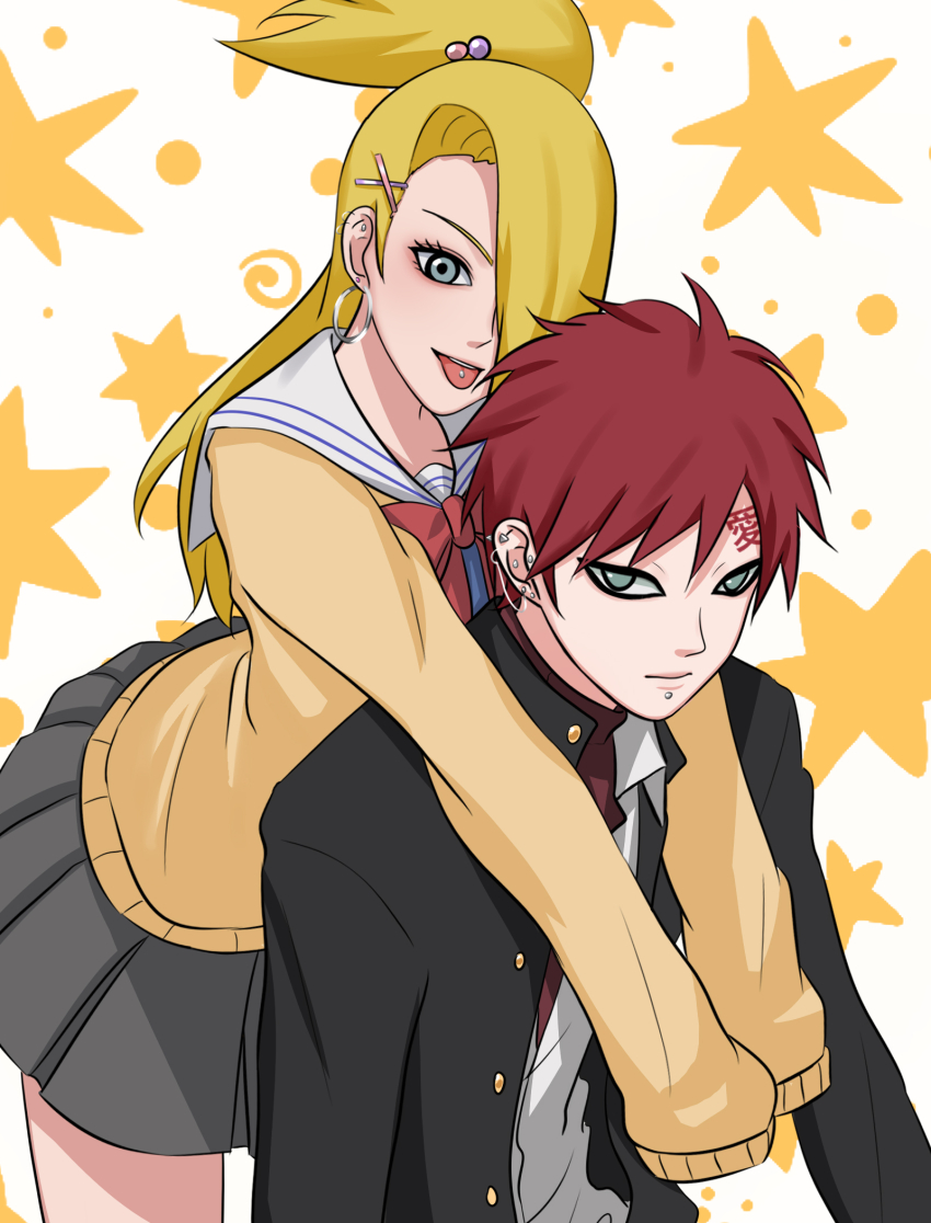 1boy, 1girl, alternate_universe, blonde_hair, cardigan, commentary_request, deidara_(naruto), ear_piercing