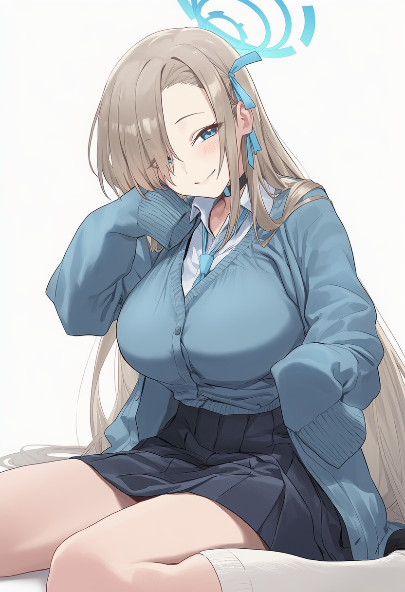 1girl, ai_lightmako, asuna_(blue_archive), blonde_hair, blue_archive, blue_cardigan, blue_eyes, cardigan, hair_over_one_eye, hair_ribbon, halo, head_tilt, highres, light_blush, light_smile, long_hair, open_collar, pleated_skirt, ribbon, school_uniform, shirt, sitting, skirt, wariza, white_background, white_shirt