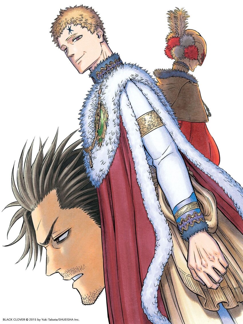 3boys, black_clover, black_hair, blonde_hair, brown_eyes, english_text, facial_hair, forehead_tattoo