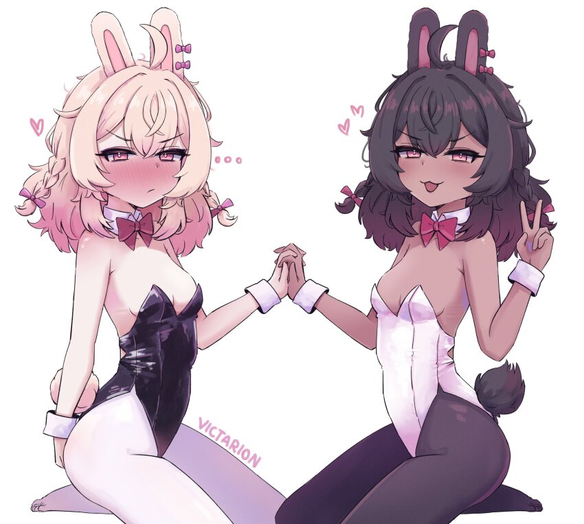 ..., 2girls, :3, ahoge, alternate_skin_color, animal_ears, artist_name, bare_arms, bare_shoulders, black_hair, black_leotard, black_pantyhose, black_vs_white, blonde_hair, blush, bow, bowtie, breasts, commentary, dark-skinned_female, dark_skin, detached_collar, dual_persona, english_commentary, female_focus, frown, gradient_hair, heart, highres, holding_hands, leotard, loli, long_hair, multicolored_hair, multiple_girls, open_mouth, pantyhose, phase_connect, pink_eyes, pink_hair, pipkin_pippa, rabbit_ears, rabbit_girl, rabbit_tail, red_bow, red_bowtie, simple_background, small_breasts, smile, strapless, strapless_leotard, tail, v, victarionsc, virtual_youtuber, white_background, white_leotard, white_pantyhose, wrist_cuffs