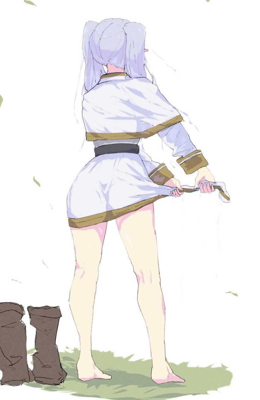 1girl, ass, barefoot, boots, capelet, commentary, dress, elf