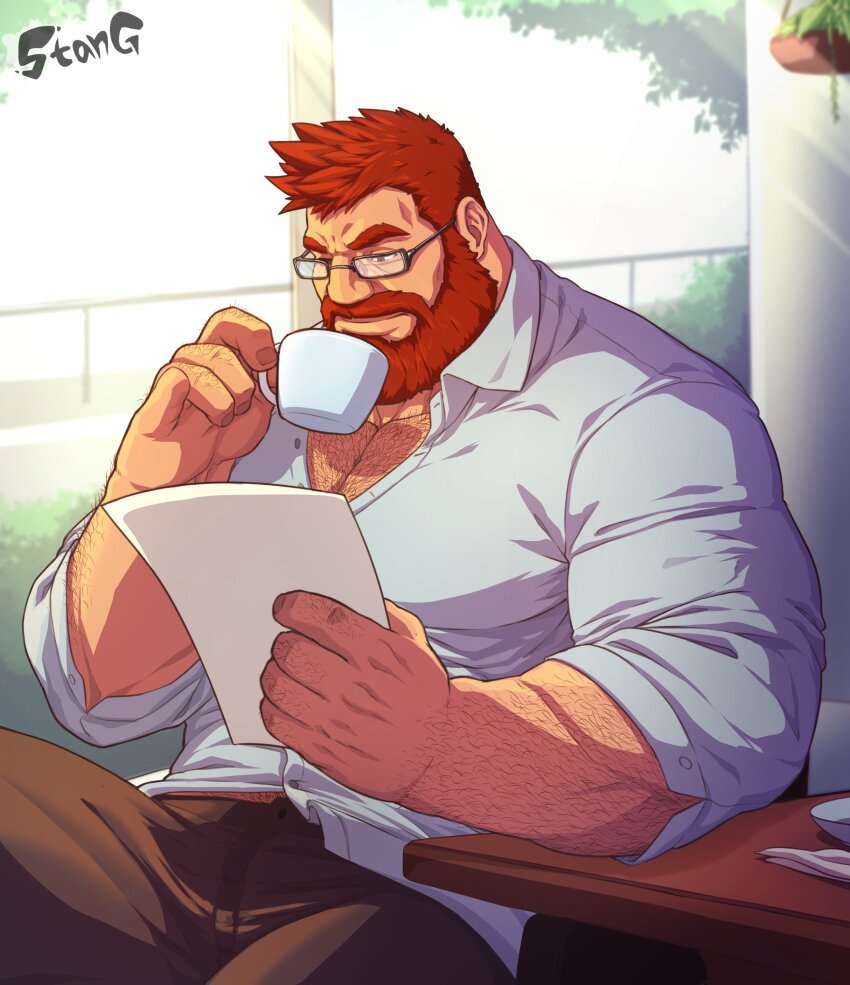 1boy, absurdres, bara, beard, bespectacled, collared_shirt, commentary, cowboy_shot