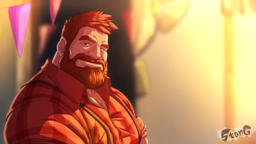 1boy, bara, beard, collared_shirt, commentary, english_commentary, facial_hair, full_beard