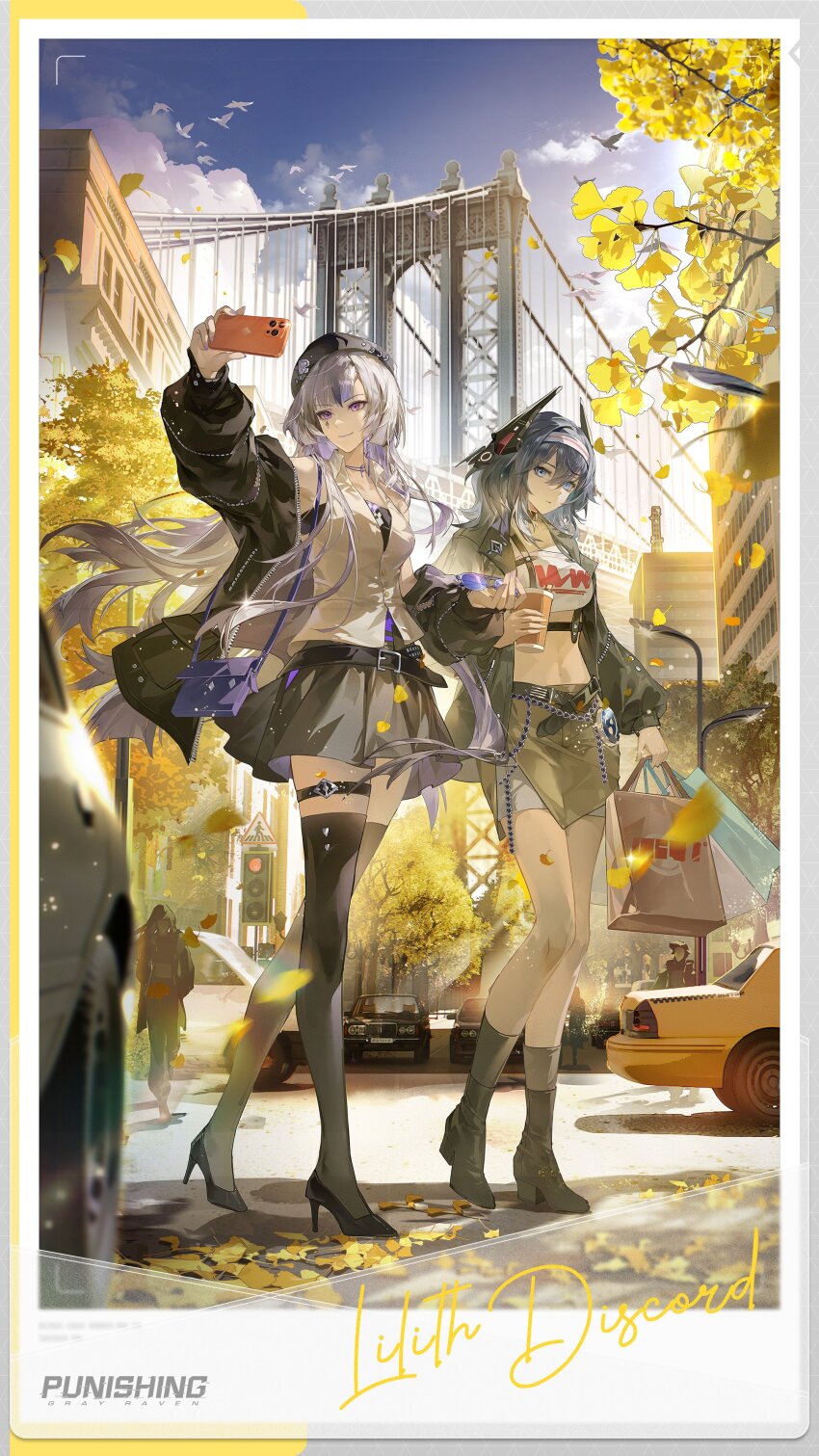 2girls, 3others, absurdres, arm_up, armpit_peek, bag, belt, belt_buckle