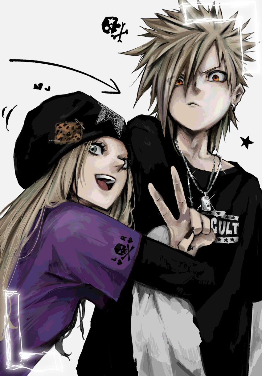 1boy, 1girl, :d, :v, animal_print, arm_hug, arrow_(symbol), beanie, black_hat, black_nails, black_shirt, blonde_hair, blue_eyes, embroidered_hat, emo_fashion, fingernails, hair_between_eyes, hat, highres, jewelry, layered_sleeves, leopard_print, long_fingernails, long_hair, looking_at_viewer, necklace, nu_punxxxz, open_mouth, orange_eyes, original, print_shirt, purple_shirt, safety_pin, shirt, silver_necklace, simple_background, skull_and_crossbones, smile, spiked_hair, star_(symbol), t-shirt, teeth, upper_teeth_only, v, v-shaped_eyebrows, white_background