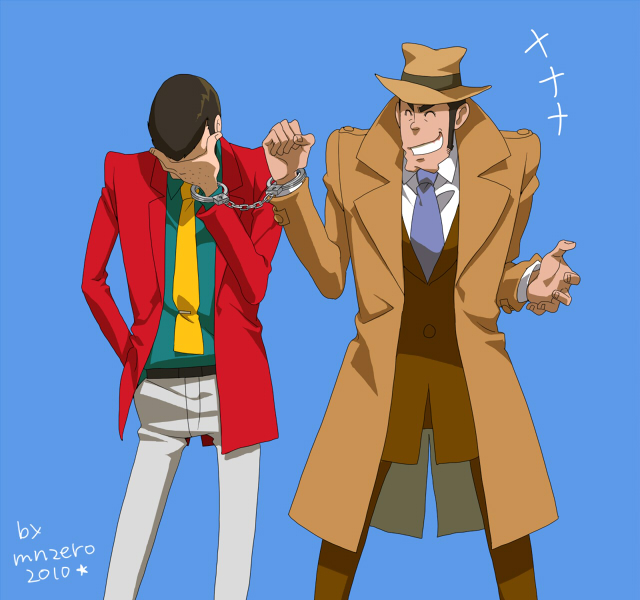 1970s_(style), 2boys, arsene_lupin_iii, bad_deviantart_id, bad_id, blue_necktie, closed_eyes, coat