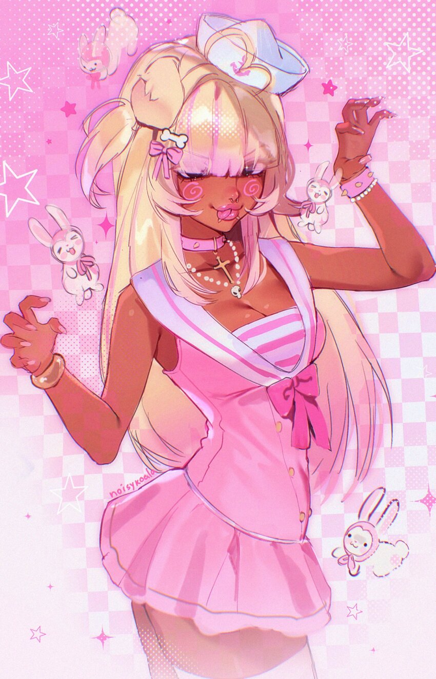 1girl, :p, aegyo_sal, ahoge, animal_ears, artist_name, blonde_hair, bone_hair_ornament