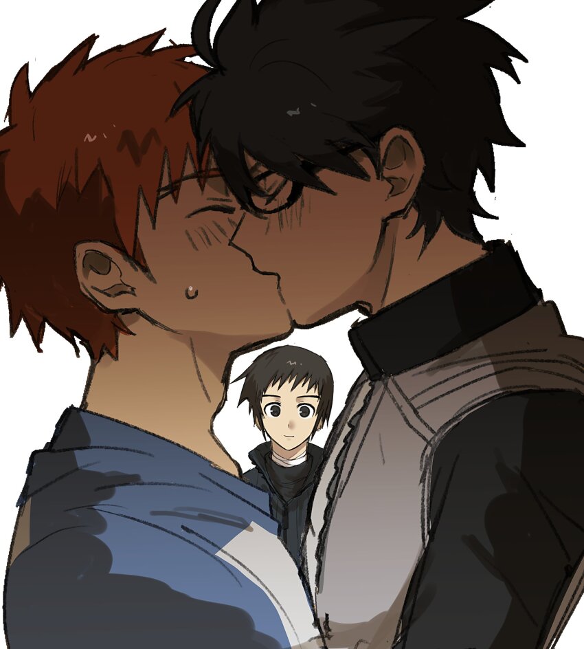 3boys, absurdres, bandaged_neck, bandages, black_eyes, black_hair, black_jacket, blank_stare, blush, crossover, elbow_gloves, emiya_shirou, fate/stay_night, fate_(series), glasses, gloves, highres, jacket, kiss, long_sleeves, looking_at_another, lurmturm, mahou_tsukai_no_yoru, male_focus, multicolored_jacket, multiple_boys, raglan_sleeves, red_hair, shirt, shizuki_soujuurou, short_hair, simple_background, tohno_shiki, tsukihime, tsukihime_(remake), two-tone_jacket, type-moon, white_background, yaoi