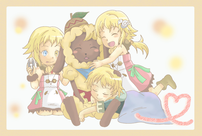 blonde_hair, blue_eyes, blush, child, clipper, dress, family, hair_ornament, hairpin, harvest_moon, heterochromia, lala_(rune_factory), mice_(rune_factory), pink_dress, rune_factory, rune_factory_3, wooly, yellow_eyes