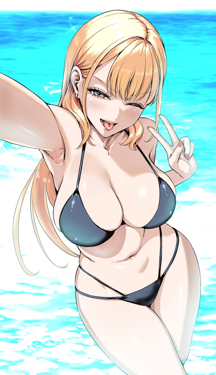 1girl, ;d, absurdres, arm_up, armpits, bikini, black_bikini, blonde_hair