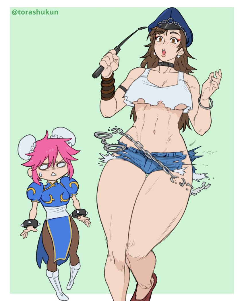 2girls, abs, alternate_hairstyle, blush, bracelet, breasts, brown_eyes, brown_hair, capcom, choker, chun-li, chun-li_(cosplay), cleavage, commentary, cosplay, costume_switch, cuffs, earrings, english_commentary, final_fight, hair_length_switch, hairstyle_switch, handcuffs, hat, highres, jewelry, long_hair, mature_female, medium_breasts, multiple_girls, pink_hair, poison_(final_fight), poison_(final_fight)_(cosplay), riding_crop, short_hair, spiked_bracelet, spikes, street_fighter, sweatdrop, thick_thighs, thighs, toned, toned_female, torashu-kun, twitter_username, underboob, wardrobe_malfunction, wide_hips