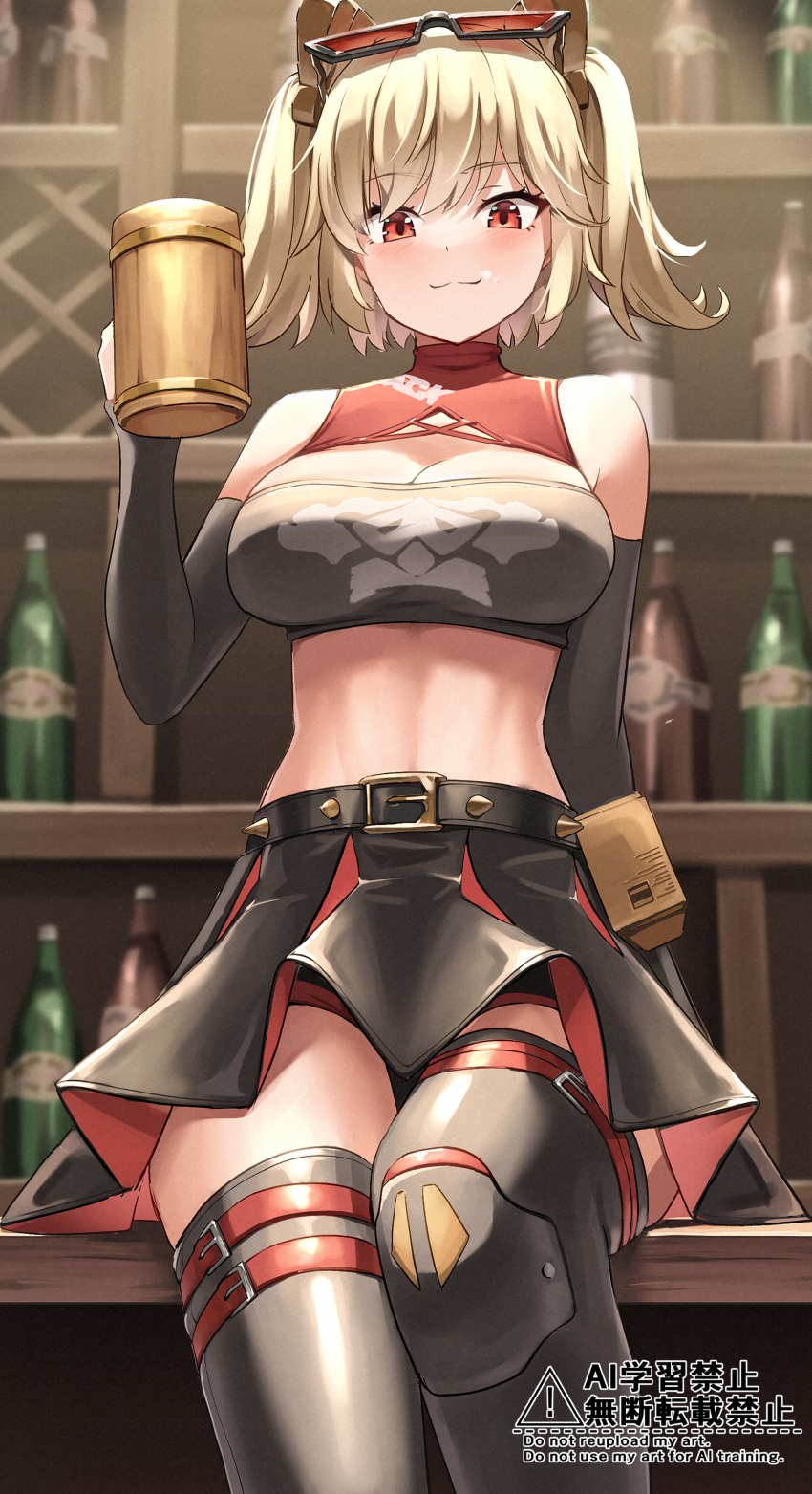 1girl, :3, absurdres, bar_(place), bare_shoulders, belt, black_skirt, black_sleeves, black_thighhighs, black_tube_top, blonde_hair, blurry, blurry_background, bottle, breasts, burnice_white, canister, cleavage, closed_eyes, commentary_request, cup, cyclone_tarou, detached_sleeves, eyewear_on_head, highres, holding, holding_cup, indoors, indra_(szzupiopi), large_breasts, looking_at_viewer, midriff, no_jacket, red-tinted_eyewear, red_eyes, revision, short_twintails, shorts, shorts_under_skirt, skirt, solo, spiked_belt, strapless, sunglasses, thighhighs, thighs, tinted_eyewear, tube_top, twintails, zenless_zone_zero