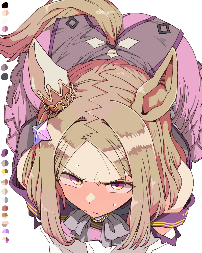 1girl, animal_ears, ass, bare_shoulders, blonde_hair, blush, closed_mouth, commentary_request, dress, ear_covers, ear_ornament, gradient_eyes, horse_ears, horse_girl, horse_tail, long_sleeves, looking_at_viewer, multicolored_eyes, narita_top_road_(the_proud_road)_(umamusume), narita_top_road_(umamusume), purple_dress, purple_eyes, short_hair, single_ear_cover, solo, sweat, tail, toriga_naku, umamusume
