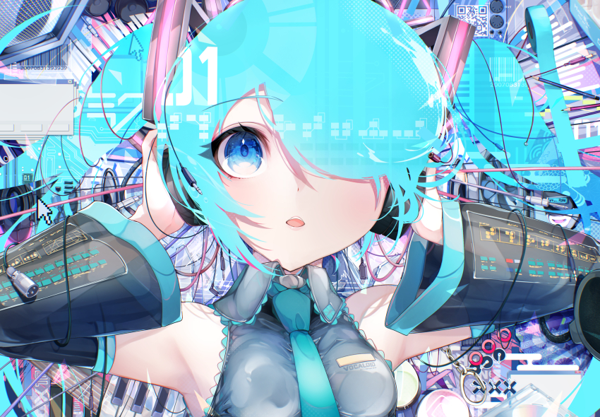 1girl, absurdres, aqua_eyes, aqua_hair, aqua_necktie, aqua_trim, arm_up, armpit_crease