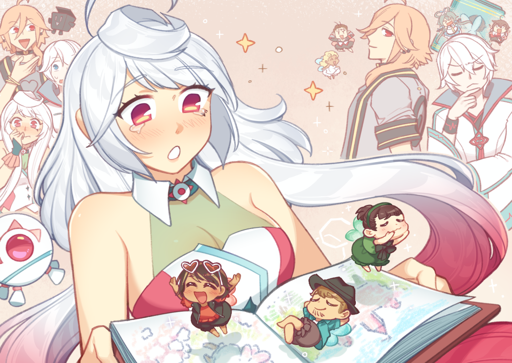 3boys, 6+girls, ahoge, androgynous, arms_behind_head, big_al, black_bow, black_choker