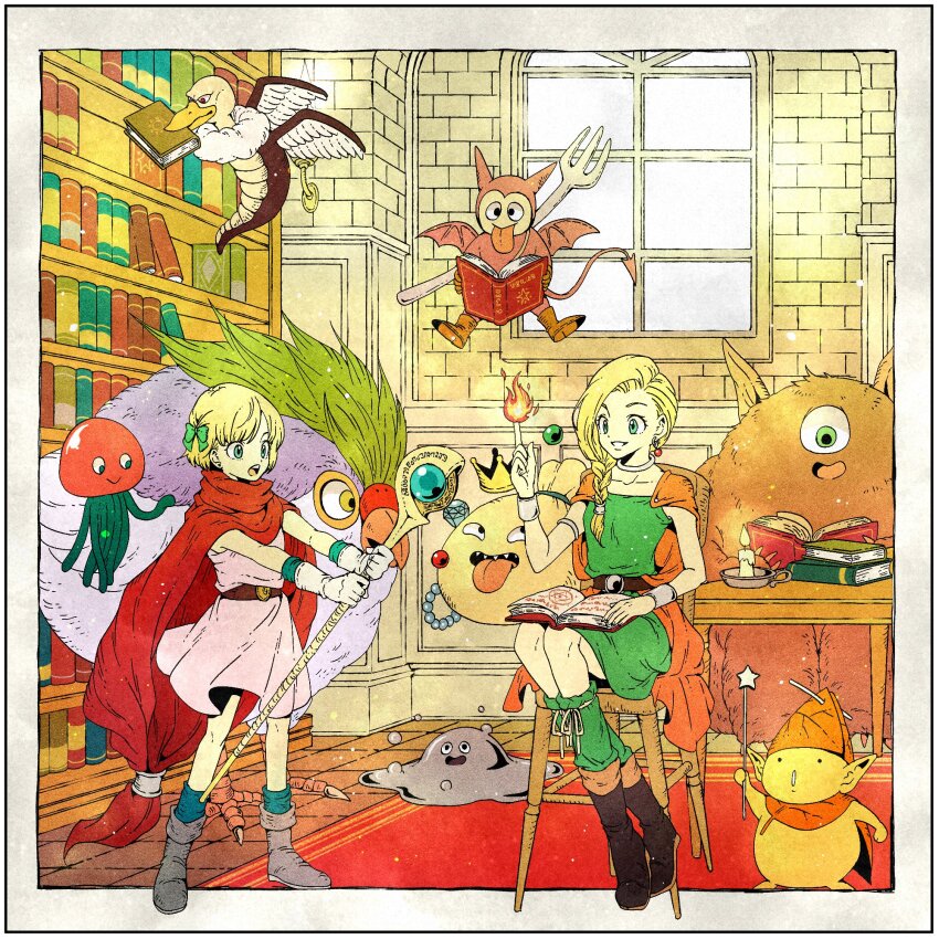 2girls, bianca_(dq5), blonde_hair, blunt_bangs, bob_cut, book, book_on_lap, bow